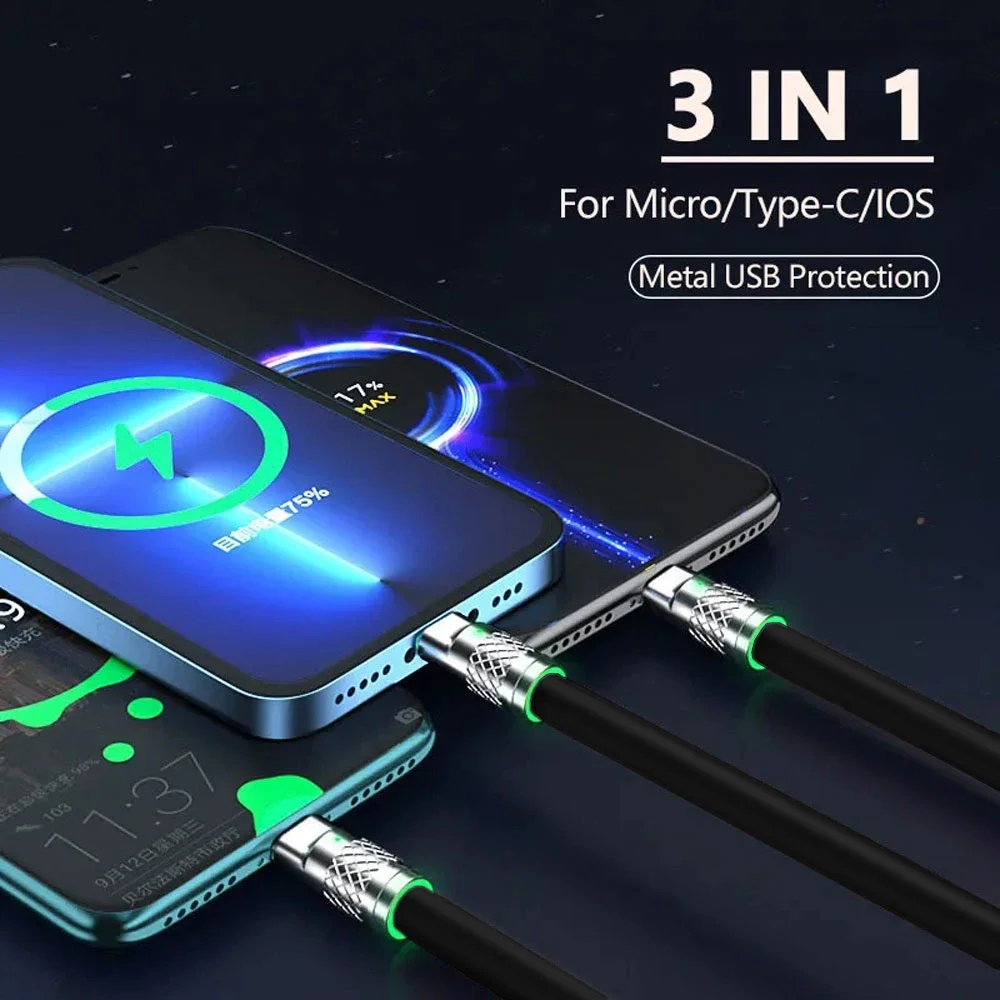 3 In 1 120W iPhone 용 고속 충전 케이블 코드 Huawei poco 6A USB 유형 C 충전기 데이터 케이블 멀티 포트 마이크로 Usb 충전 와이어