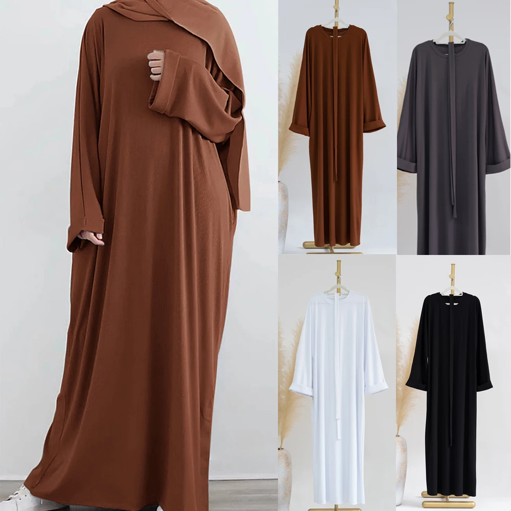 

Modest Abaya Casual Women Long Maxi Dress Round Neck Turkey Kaftan Dubai Arab Islamic Gown Ramadan Solid Color Jalabiya Clothing