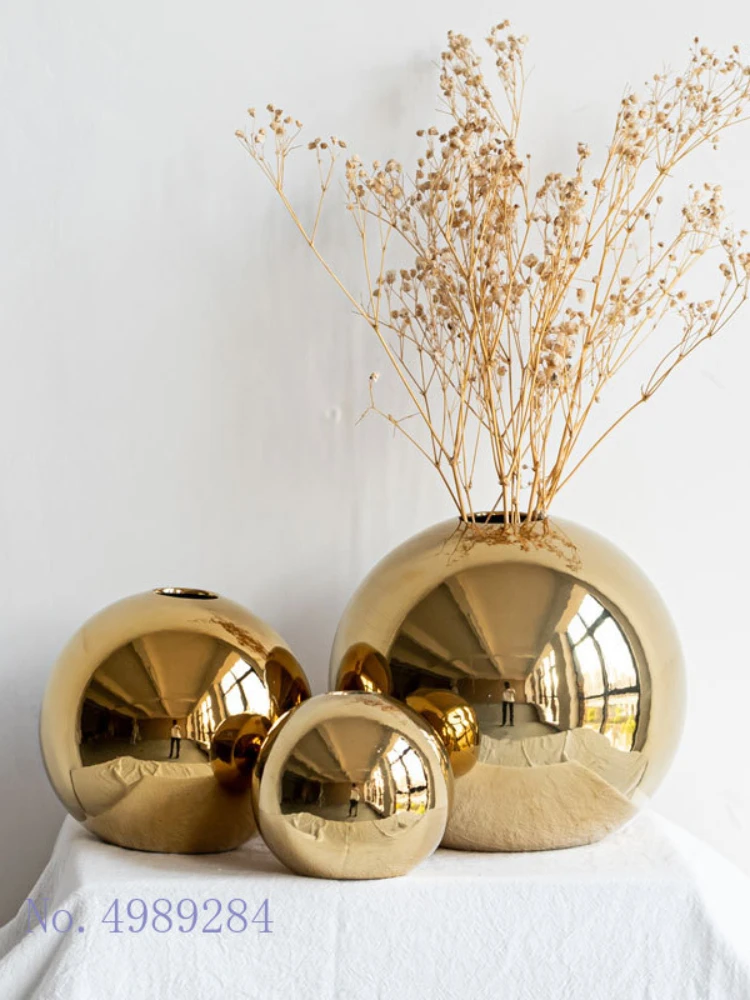 Gold Ceramic Vase Home Decoration Round Ball Flower Arrangement Accessories Vase Wedding