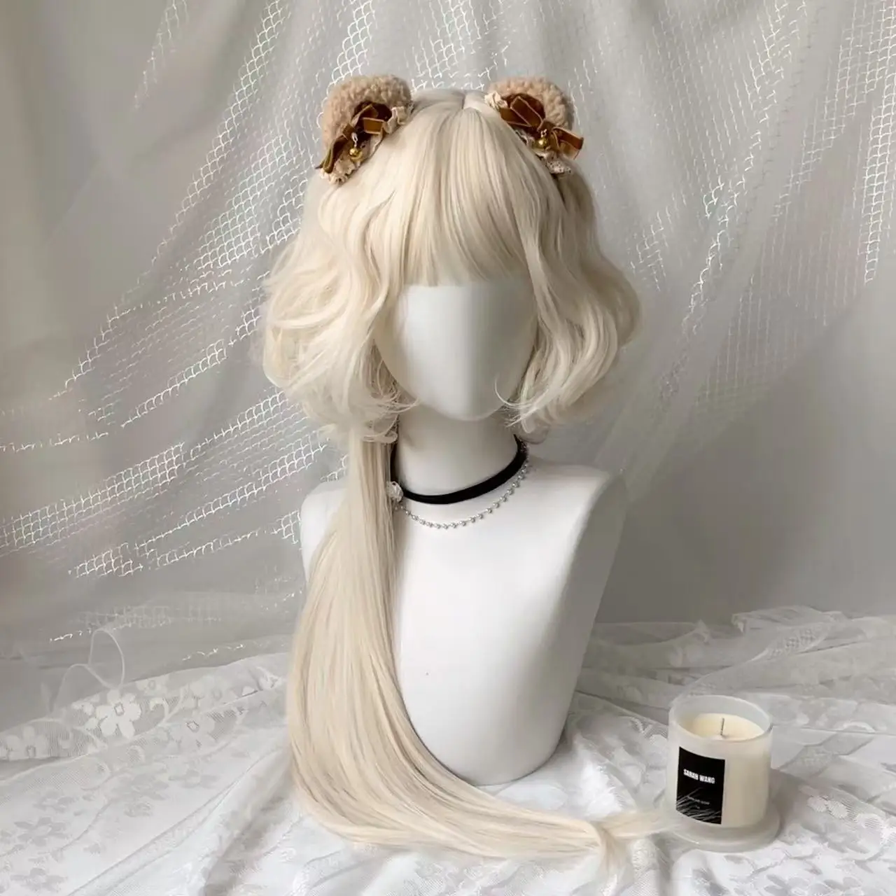 White Chocolate Wig for Women Sweetheart French Curly Jellyfish Headband Wigs High Temperature Fibers Synthetic Cosplay Wigs