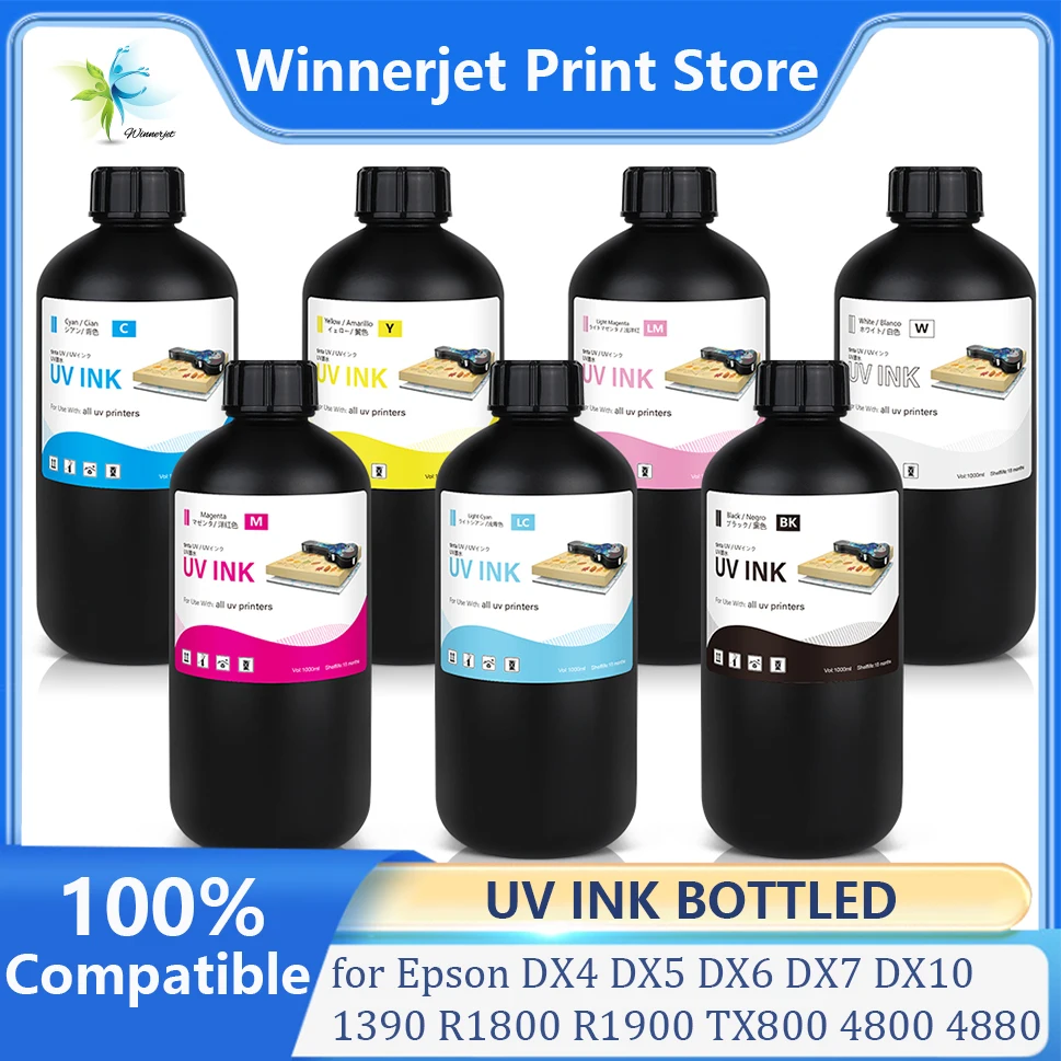 Winnerjet 1000ml LED UV Ink For Epson 1390 R1800 R1900 TX800 4800 7880 9880 DX5 DX7 UV Flatbed Printer Universal Curing Ink