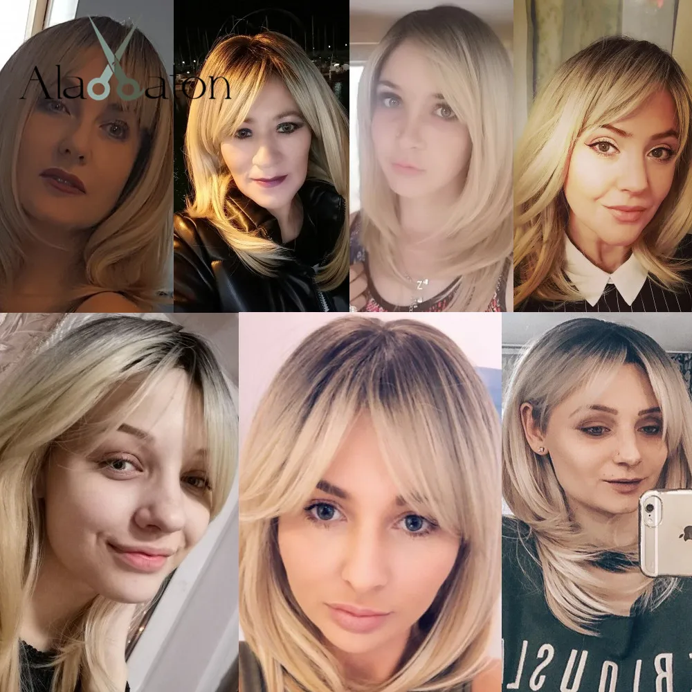Synthetic Wig Long Blonde For Women With Fringe Ombre Color Dark Roots Layered Heat Resistant