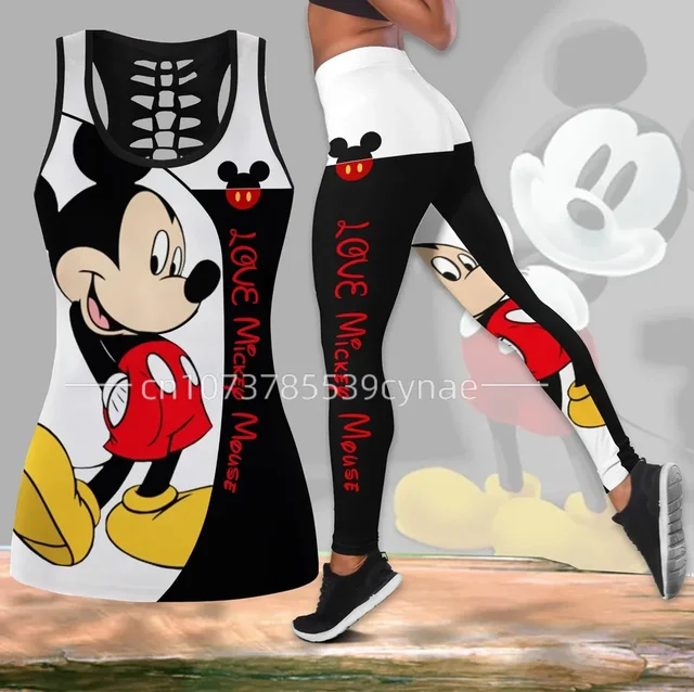 Disney Mickey Hollow 3D Printing Sleeveless Shirt Womens Summer Tank Top Pants Yoga Tank Top Bottom Set