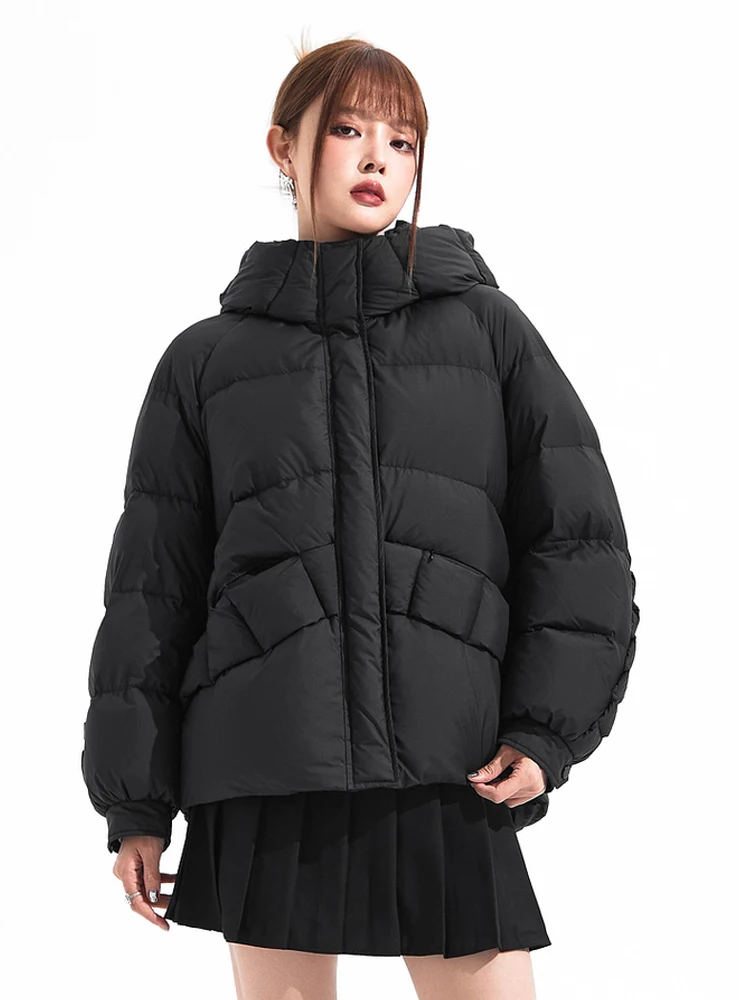 Warm Pink Hooded duck down jacket for women 2023 Autumn winter Long sleeve puffer coat loose Korean style Overcoat INKEO 3O177