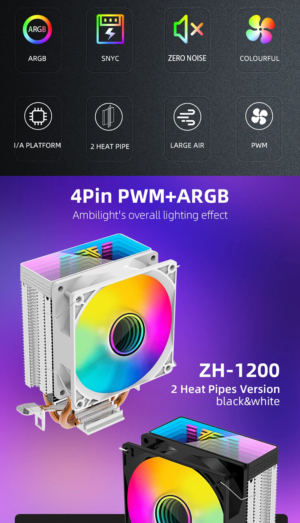 CPU Cooler ZH1200 2 Heatpipes Radiator ARGB 4PIN PWM Silent Fan For Intel 1700 1
