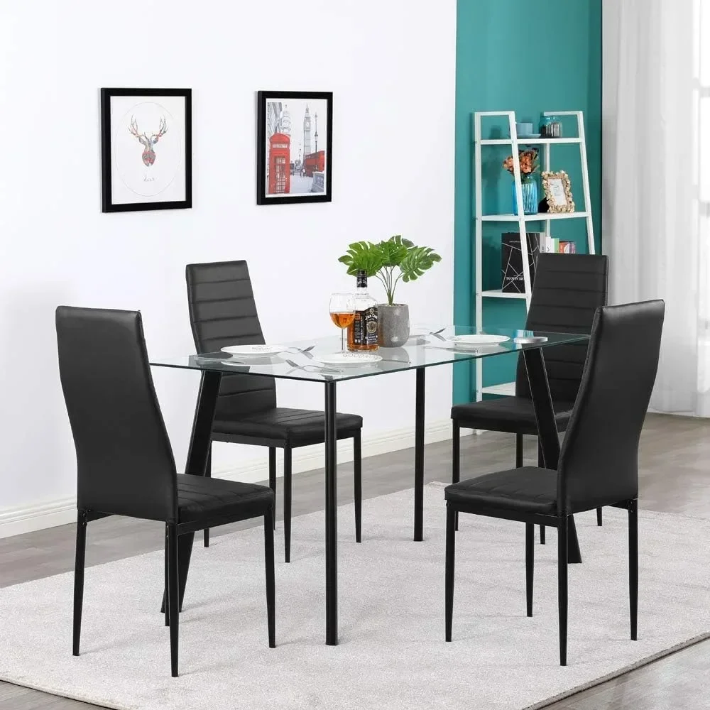 Black Dining Chair Set of 4, Leather Dining Chairs with Curved Back & Foot Cap Protection for Dining Kitchen Living Room 2
