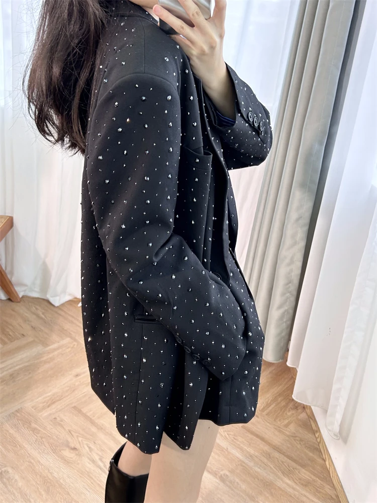 Autumn Designer Women Shiny Diamonds Studded Suit Set Loose Fit Long Blazer Jacket Shorts Party Two Piece Set OL Elegant Suits