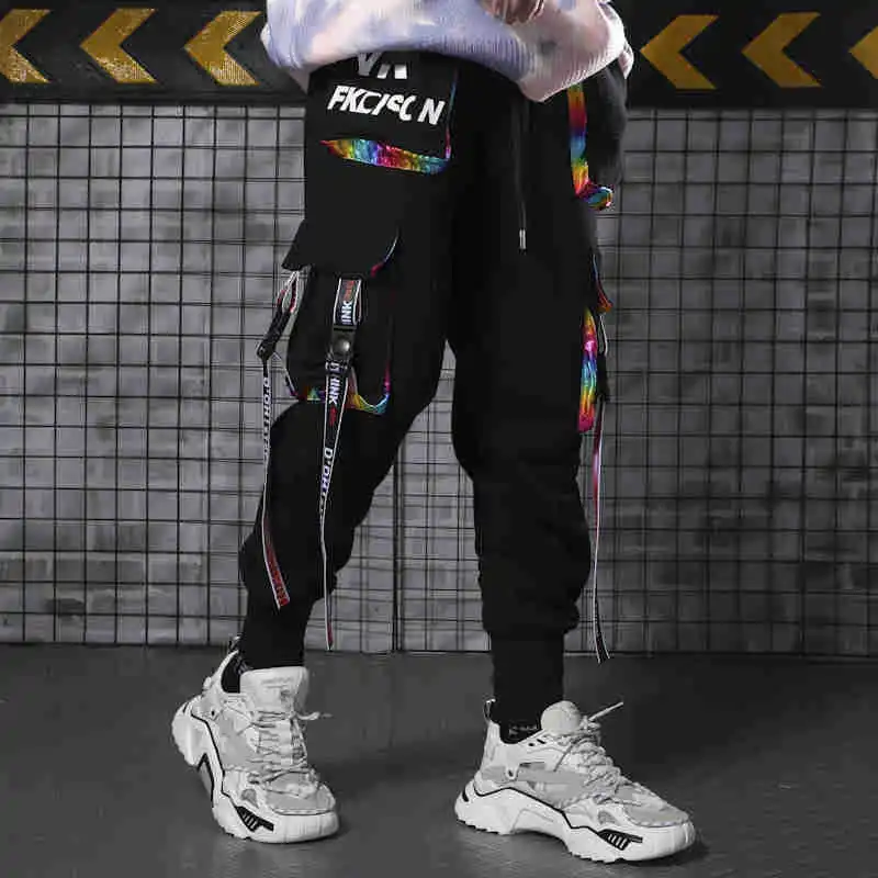 Hip Hop Joggers Men Letter Ribbons Cargo Pants Pockets Track Tactical Casual Techwear Trousers Sweatpants Streetwear,men trousers