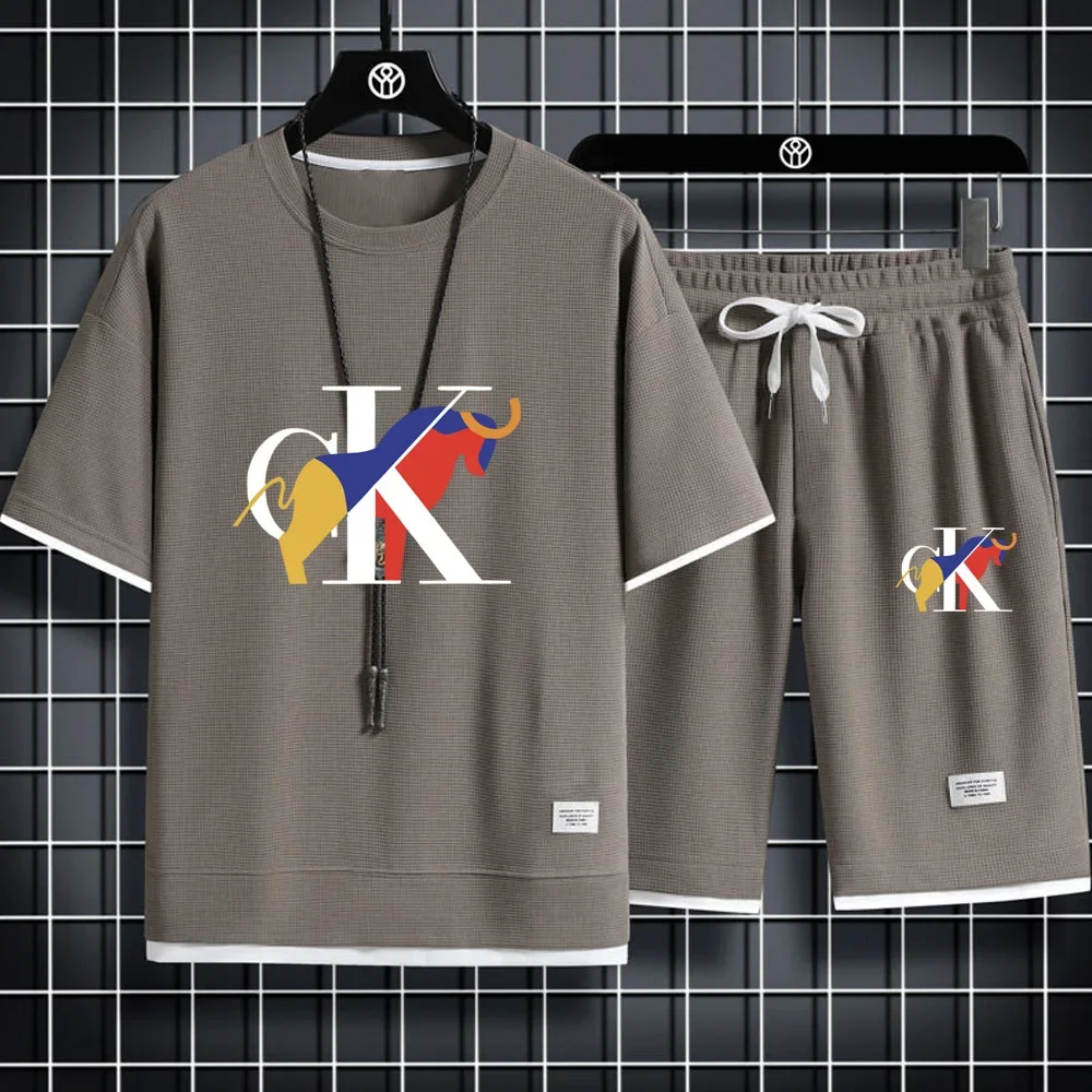 Men's luxury designer clothing summer short sleeve T-shirt + shorts quick drying breathable outdoor exercise fitness 2-piece set