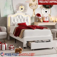 Twin Size LED Upholstered Bed Adjustable Headboard with Storage Drawer Music-Activated Crystal Button Tufted Platform Bed Kids 1
