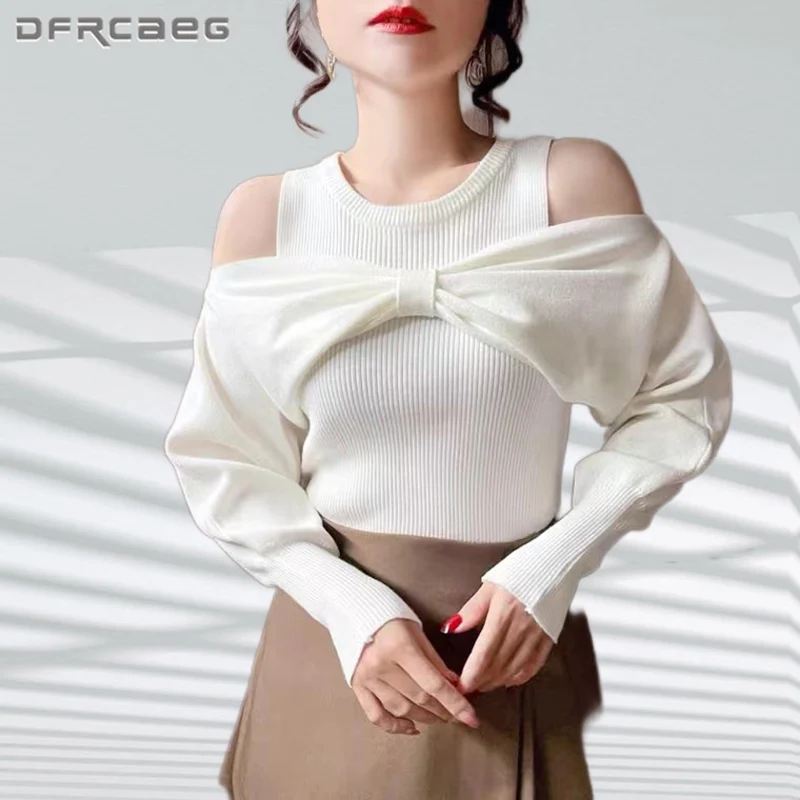 

Off The Shoulder Winter Knitted Sweaters Women 2023 Casual Long Sleeve Slim Knit Shawl+Vest Sweater 2 Piece Sets