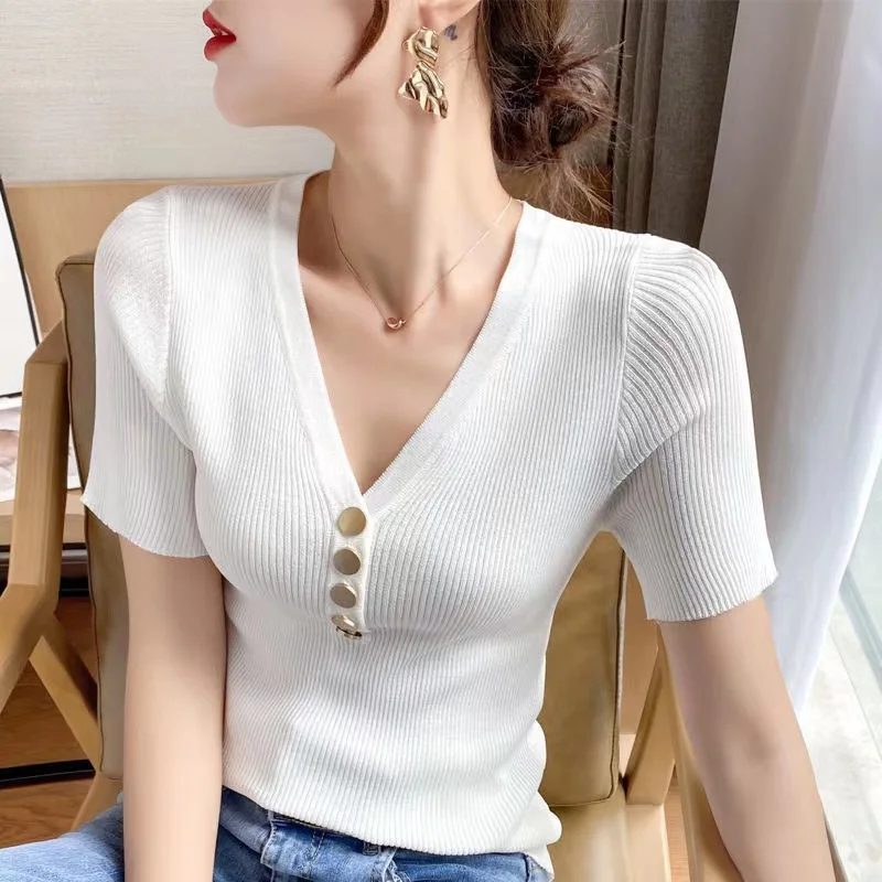 

Летняя новая Однотонная футболка из вискозы с V-образным вырезом и коротким рукавом облегающий короткий универсальный топ тонкая женская т...