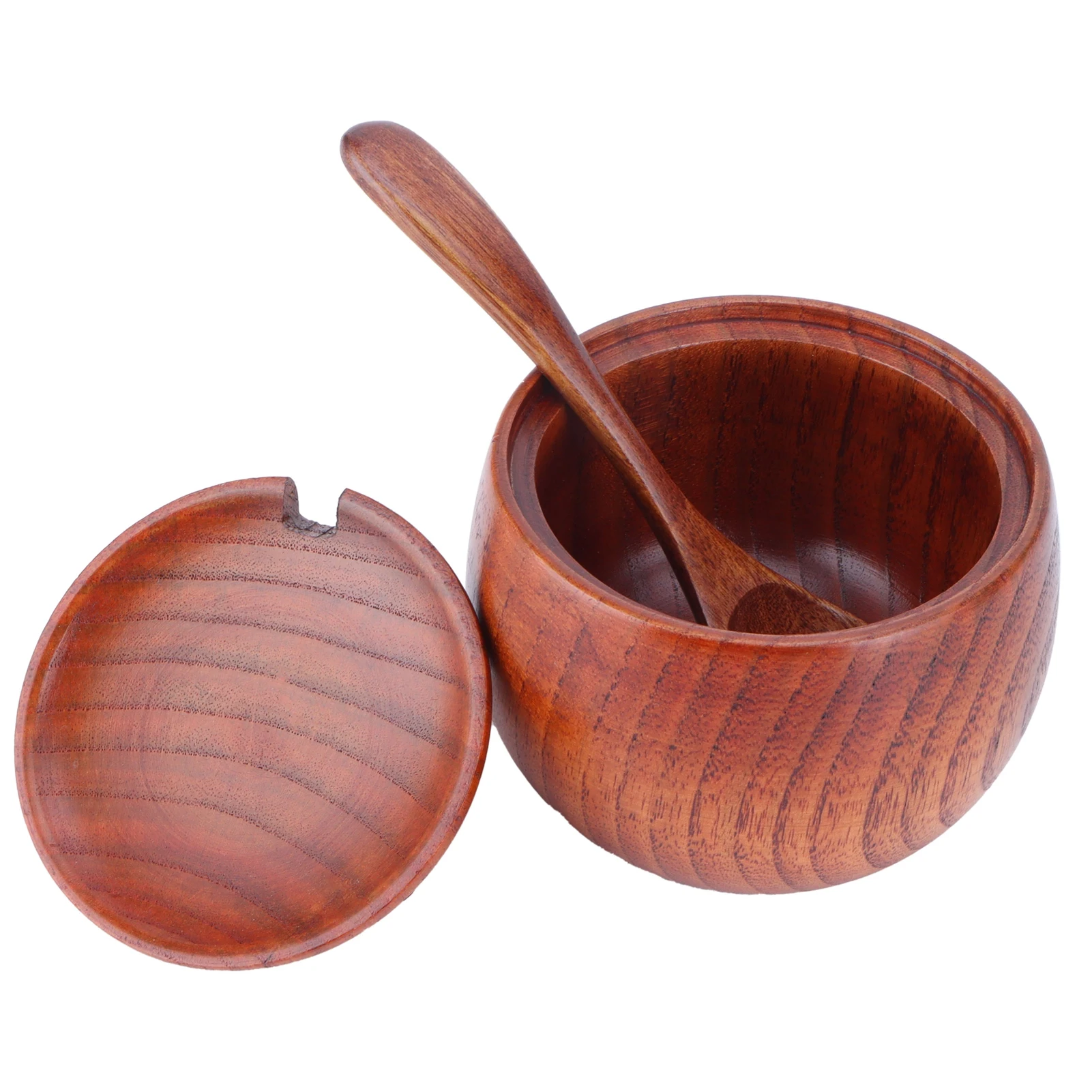 Wooden Salt Bowl with Lid Spoon Vintage Spice Jar Seasoning Container Cooking Utensil 150ml for Home Kitchen food storage container