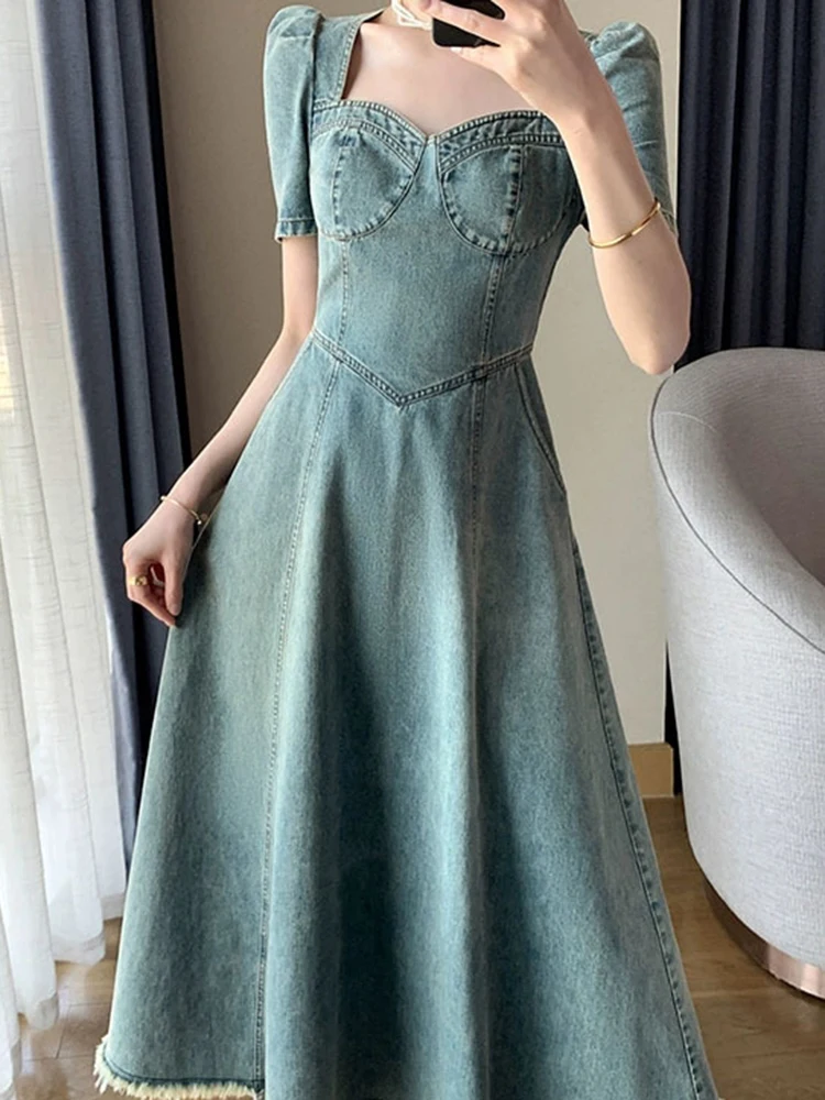 

Jastie Blue Denim Dress Women 2023 Summer New Short Sleeve French Retro Slim Square Neck Long Dress Elegant Puff Sleeve Dresses