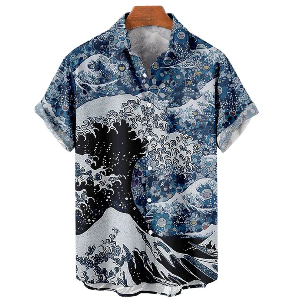 Men's Hawaiian Shirts 3D Printed Short Sleeves casual Lapel Beach Style Tops Top Retro Waves Imported-clothing Fashion 6