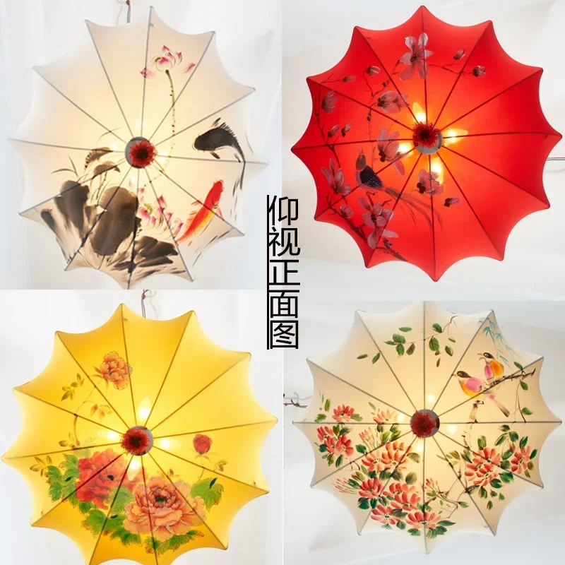 

New fabric antique chandelier hand-painted hot pot restaurant umbrella lamp tea house Chinese decorative lamp new year