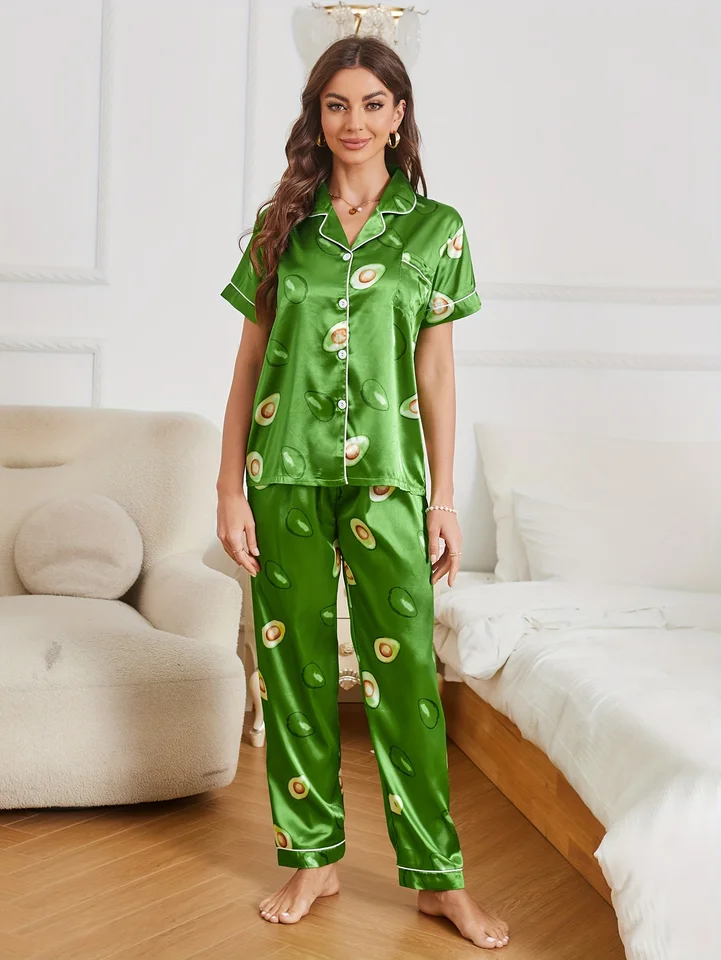 Nidddiv Ensemble Robe Et Pantoufle Pour Femme, Pyjama En Satin De Soie Imprimé Graphique, Vêtements De Nuit Mignons, Boutons, Hauts à Manches Courtes, Ensemble De Pyjama Short Pour Femme, Claire, L