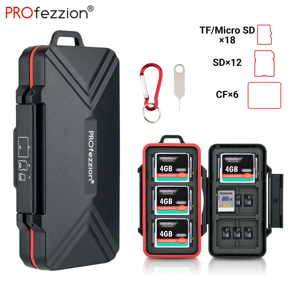 Profezzion 36 Slots Case de Cartão sd à Prova Impermeável Água cf Micro sd Titular do Cartão Caixa de Armazenamento com Mosquetão Recipiente de Cartão de Memória Microsd