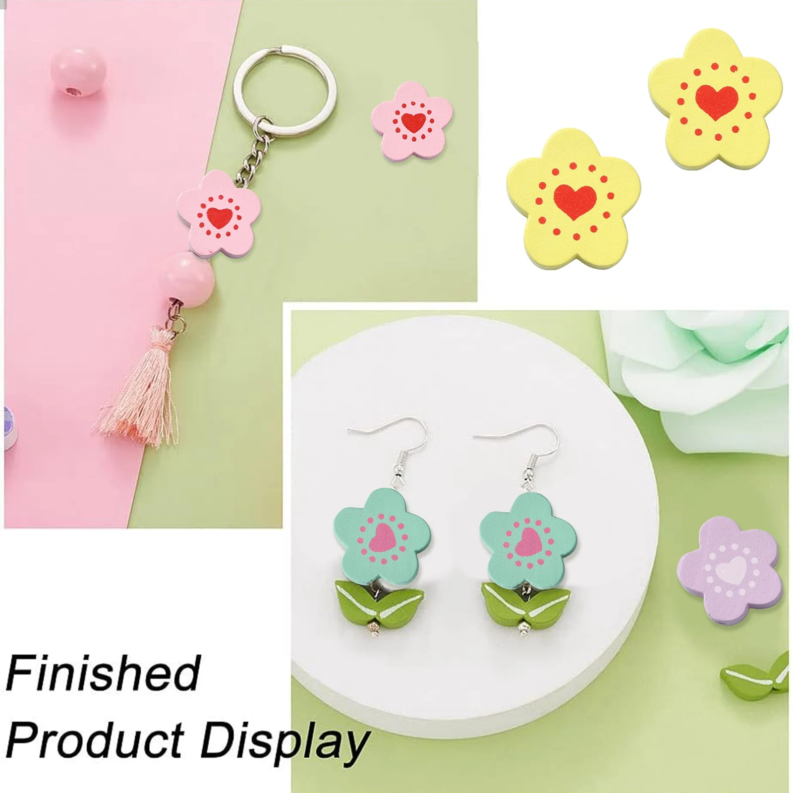 Panda hall 150pcs 5 Farben Holz blumen perlen besprüht Blumen mit Herz perlen für den Frühling Sommer Halskette Armband machen – Detail 7