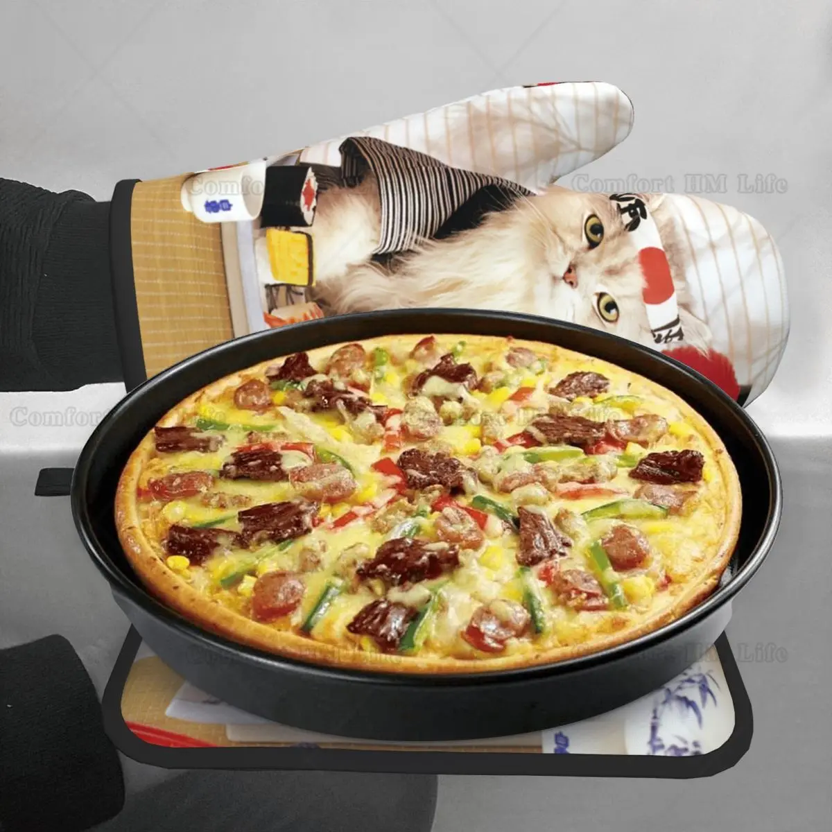 Sushi Cat Japanese Cute Funny Kitten Oven Mitts and Pot Holders Heat Resistant Oven Gloves Safe Cooking Baking Grilling