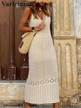 S - XL 2024 V Neck Hollow Out Crochet Knitted Tunic Beach Cover Up Cover-ups Beach Dress Beach Wear Beachwear Female Women V5699 1