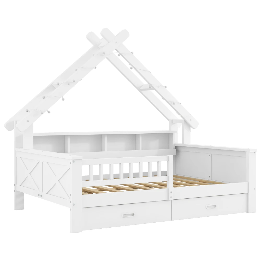 90 x 200 cm/140 x 200 cm großes Plattformbett aus Holz in Hausform, mit LED-Beleuchtung, Ablagefächern, Schubladen und Schutzgitter – Detail 30