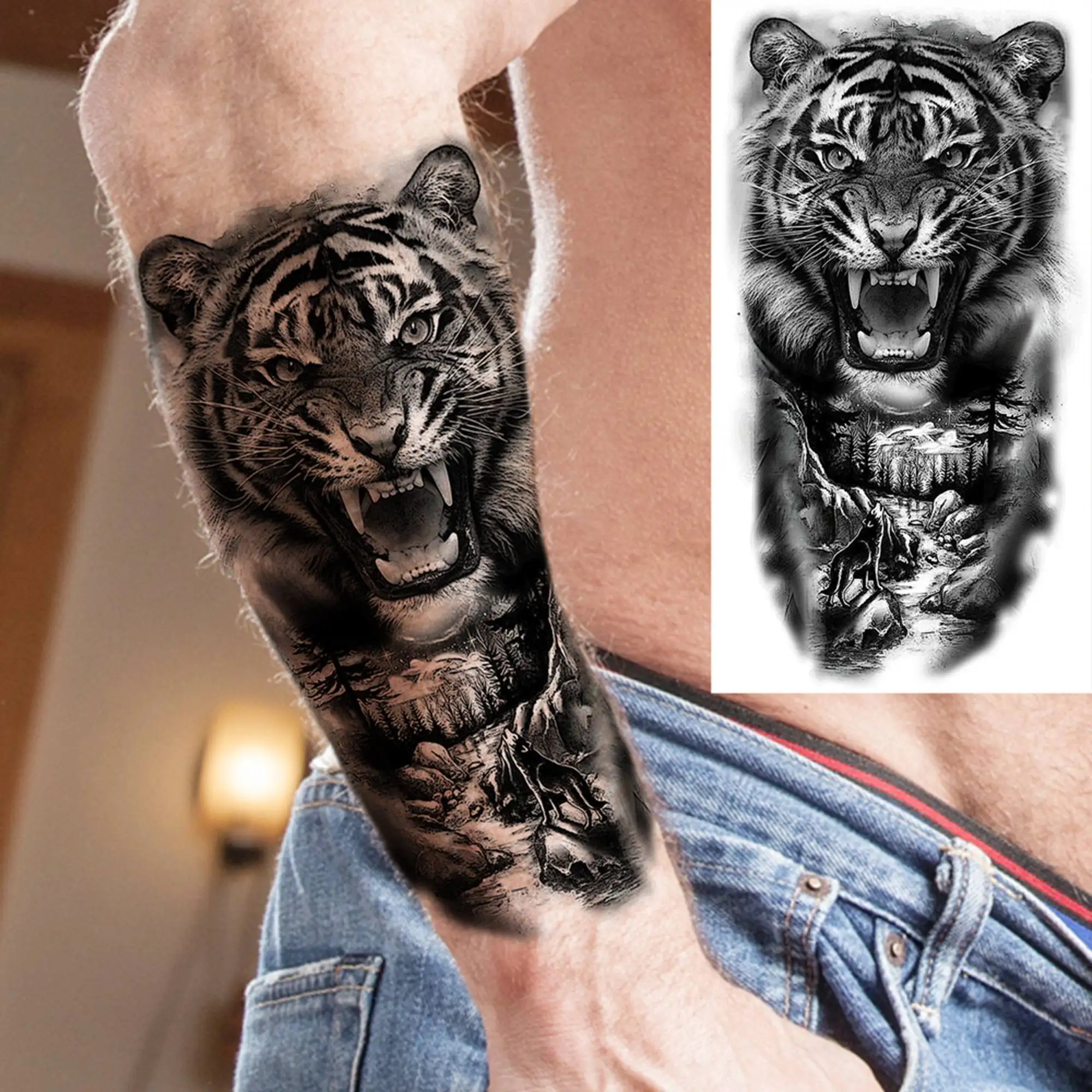 8 Vellen Dood Schedel Skelet Tijdelijke Tatoeages Voor Vrouwen Mannen  Volwassenen Arm Waterdichte Nep Tatoeages Zwarte Wolf Tijger Kompas Tatoes  - AliExpress, image size:2000x2000