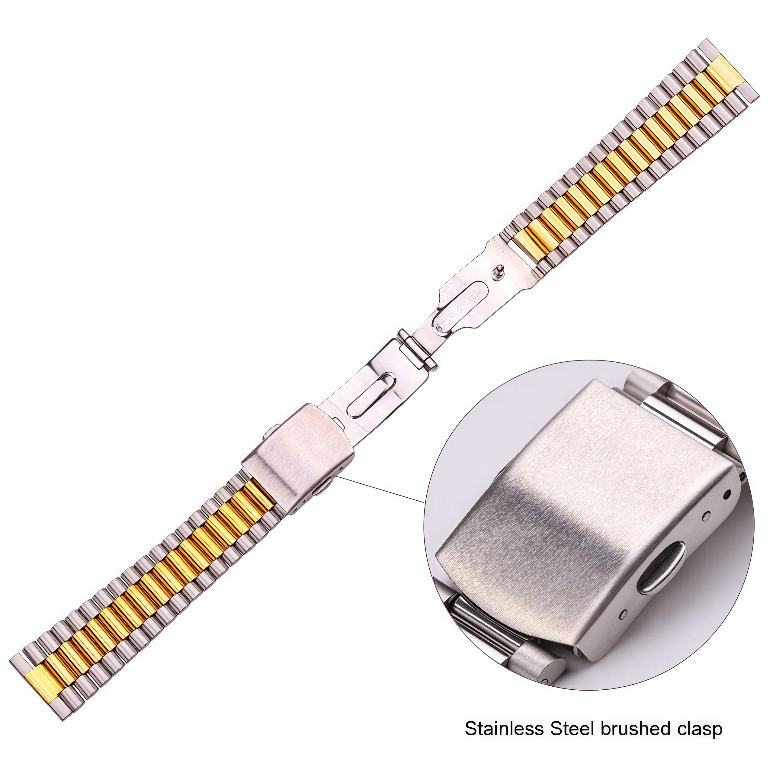 Elegant Silver & Gold Stainless Steel Watch Bracelet with Double Clasp - Unisex Adjustable Band