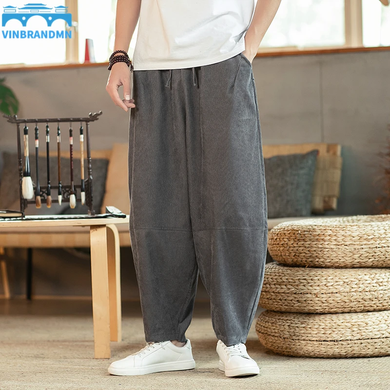

Vinbrandmn Men's Casual Plus Size Fashion Harem Pants Loose Sweatpants Solid Color Corduroy Pants Harajuku Hip Hop Street Pants