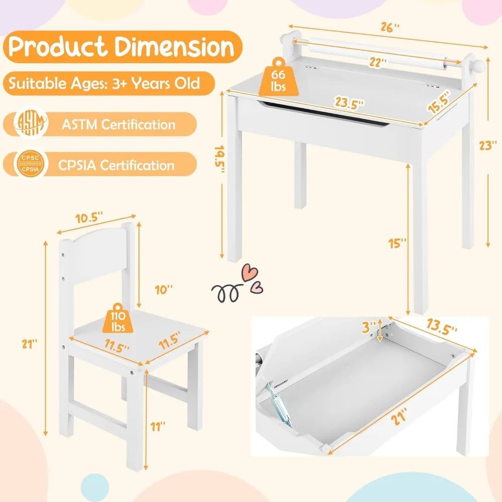 Kids Table and Chair Set, Flip Top Kids Art Craft Table w/Chair for Playroom Kindergarten, Toddler Drawing Writing Desk Set 6