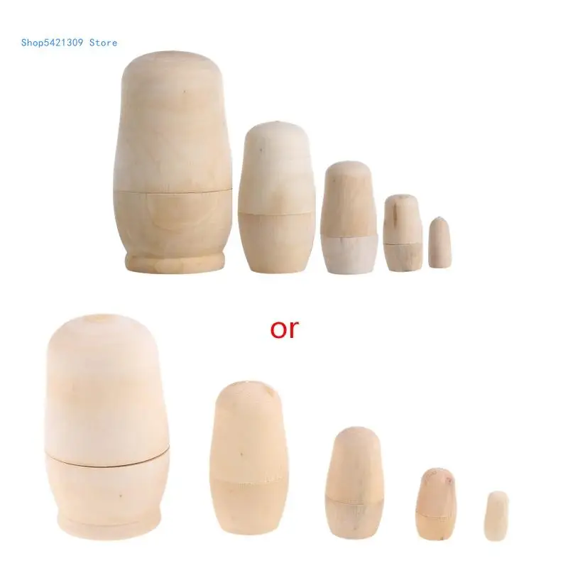 85WA 5 Pieces Unpainted Matryoshka Toy Kids Game Wooden Russian for Doll Accessories Educational for Play Preschool Tab