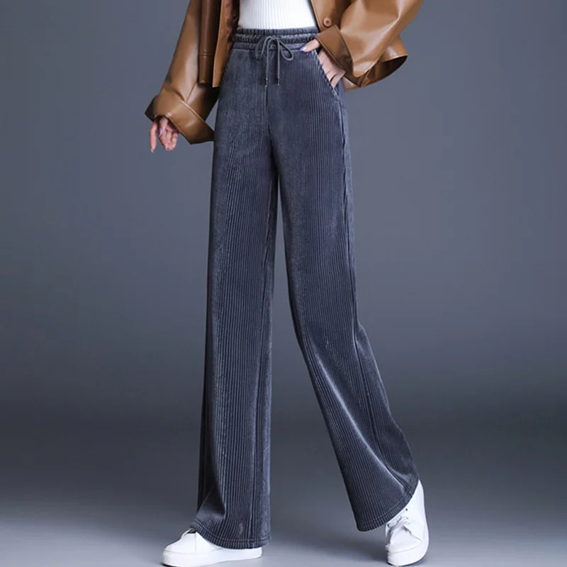 

Corduroy fashion wide leg pants for women Autumn winter 2023 new high-waisted straight pants for women plush thick casual pants