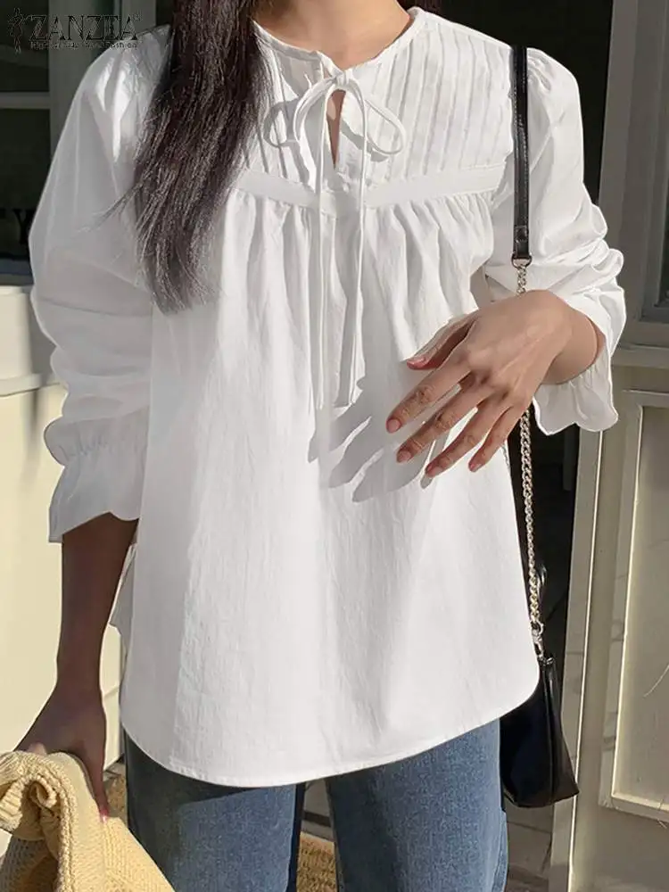 

Женская блузка ZANZEA с длинным пышным рукавом, элегантные блузы на шнуровке, весна 2024, винтажная плиссированная туника, Повседневная Свободная фотография
