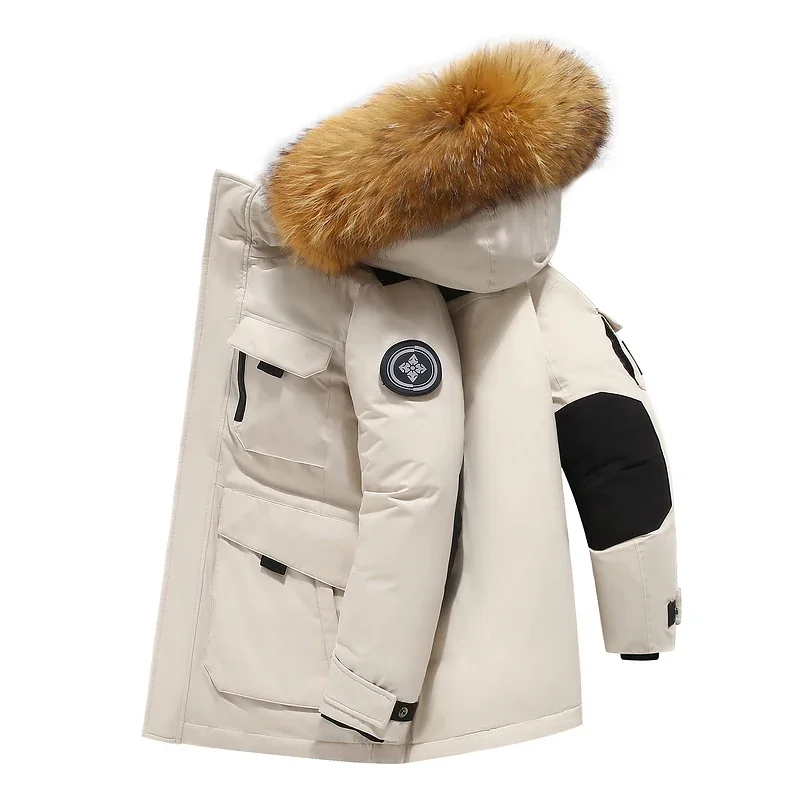 Winter Down Jacket Men's Lined White Duck Down Hooded Fur Collar Jacket Casual Fashion Thick Warm Embroidered Design Parka