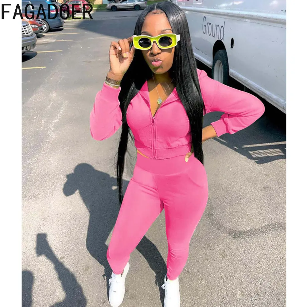 FAGADOER Casual Solid Color Sport Two Piece Sets Women Hooded Zip Long Sleeve Crop Top And Pants Tracksuits Female 2pcs Outfits