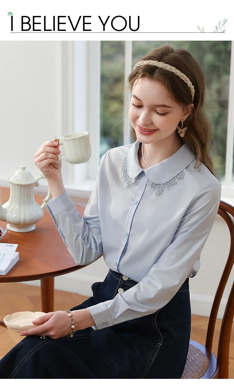 I BELIEVE YOU Shirt For Women 2024 Autumn New Blue French
