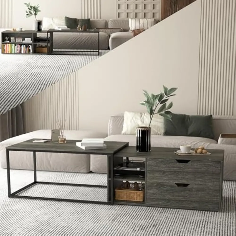 Set of 2 nested coffee tables, modern central coffee table, drawer and storage rack, living room bedroom side table 3