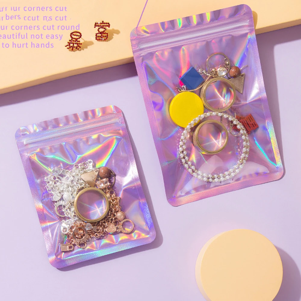 50 stücke Laser holo graphisch wieder versch ließbare Tasche Reiß verschluss blau rosa Beutel für Schmuck Lebensmittel Süßigkeiten Lagerung Klein unternehmen Verpackung liefert – Detail 7