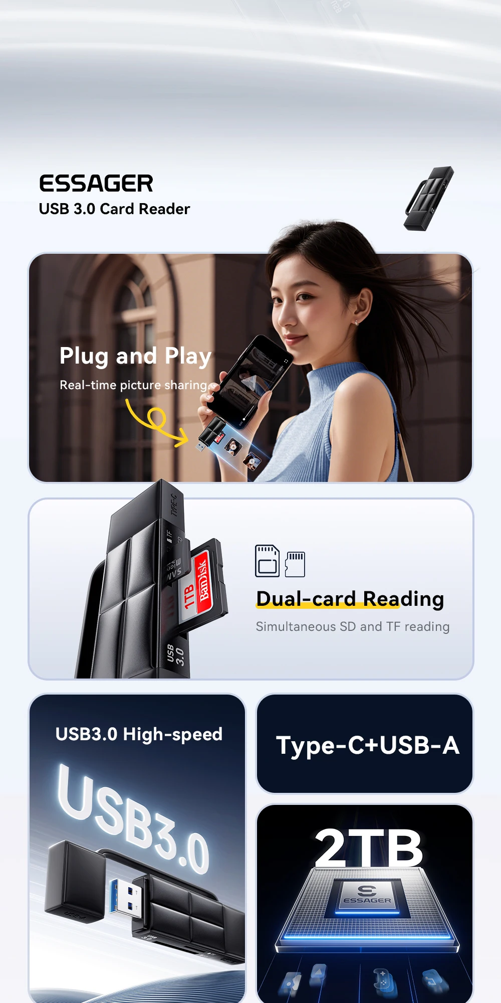 Essager Kartenleser USB 3.0/Typ-C zu SD Micro SD TF Speicherkartenadapter für PC Laptop Zubehör Smart Cardreader Kartenleser – Detail 2