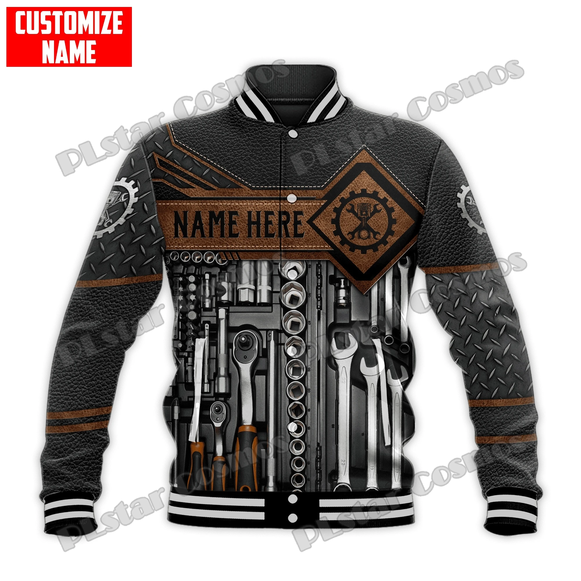 Personalized Name Mechanic Metal Pattern 3D Printed Men's Baseball Varsity Jacket Unisex Casual Winter Baseball Jacket BQF05