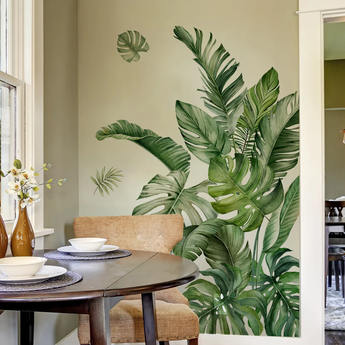 2pc Set Large Size Green Plant Wall Decal Sticker For Home Decoration Monster Leaf Design Easy To Apply And Remove Home Wall Art 2