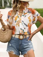 Women Flora Print Notched Neck Batwing Sleeve Blouse Ladies Tops Shirts - Image 3