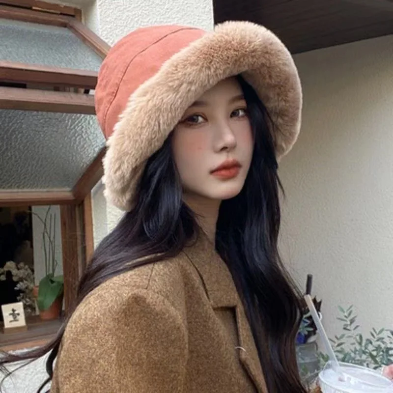 women bucket hat women winter furry bucket hat rolled brim faux fur cloche hat fleece lining autumn and winter windproof warm