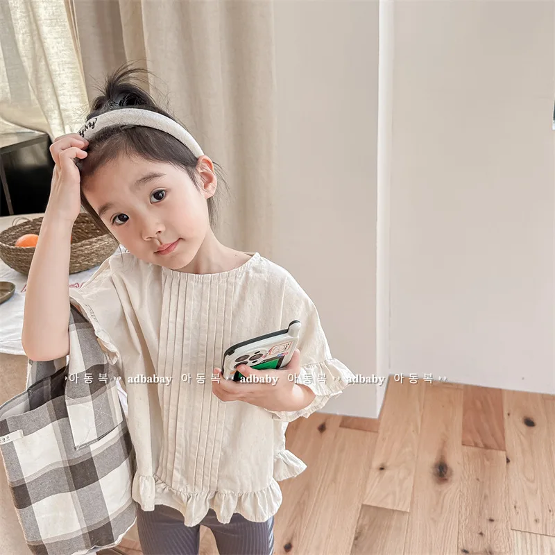 

2023 Summer New Children Short Sleeve Shirts Solid Girls Puff Sleeve Blouse Cotton Baby T Shirts Loose Kids Tee Clothes