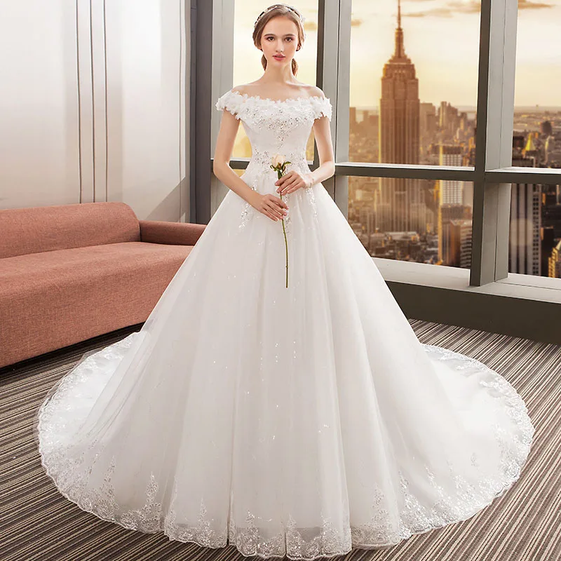 

GUXQD A Line Court Train Boat Neck Wedding Dress With Beading White Bridal Gowns Back Lace Up Vestido De Novia Robe Mariage