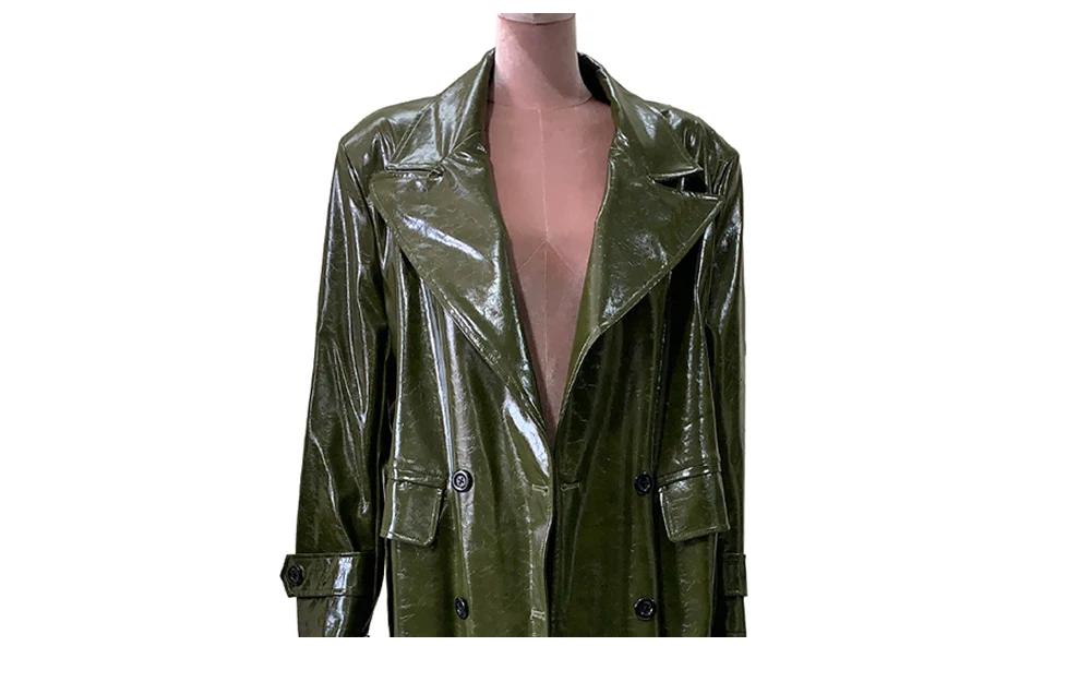 Spring Autumn Loose Extra Long Shiny Patent Faux Leather Trench Coat for Women Peaked Lapel Sahes Double Breasted Overcoat 2026