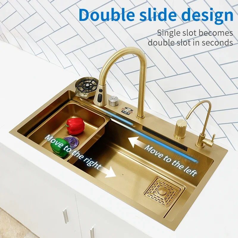 

Golden Waterfall Large Single Sink Stainless Steel Kitchen Washbasin Undermount Washbasin Washbasin Thickened Type Sinks