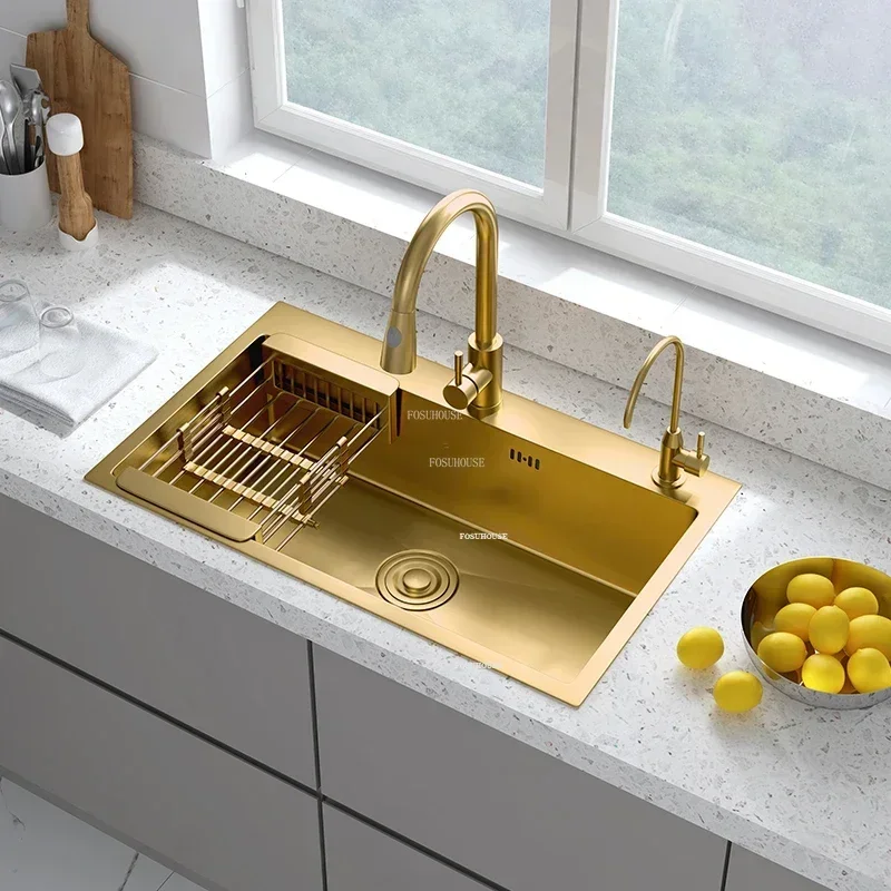 Nordic Gold Stainless Steel Kitchen Sinks Home Handmade Single-slot Kitchen Under-counter Basin Light Luxury Accessories