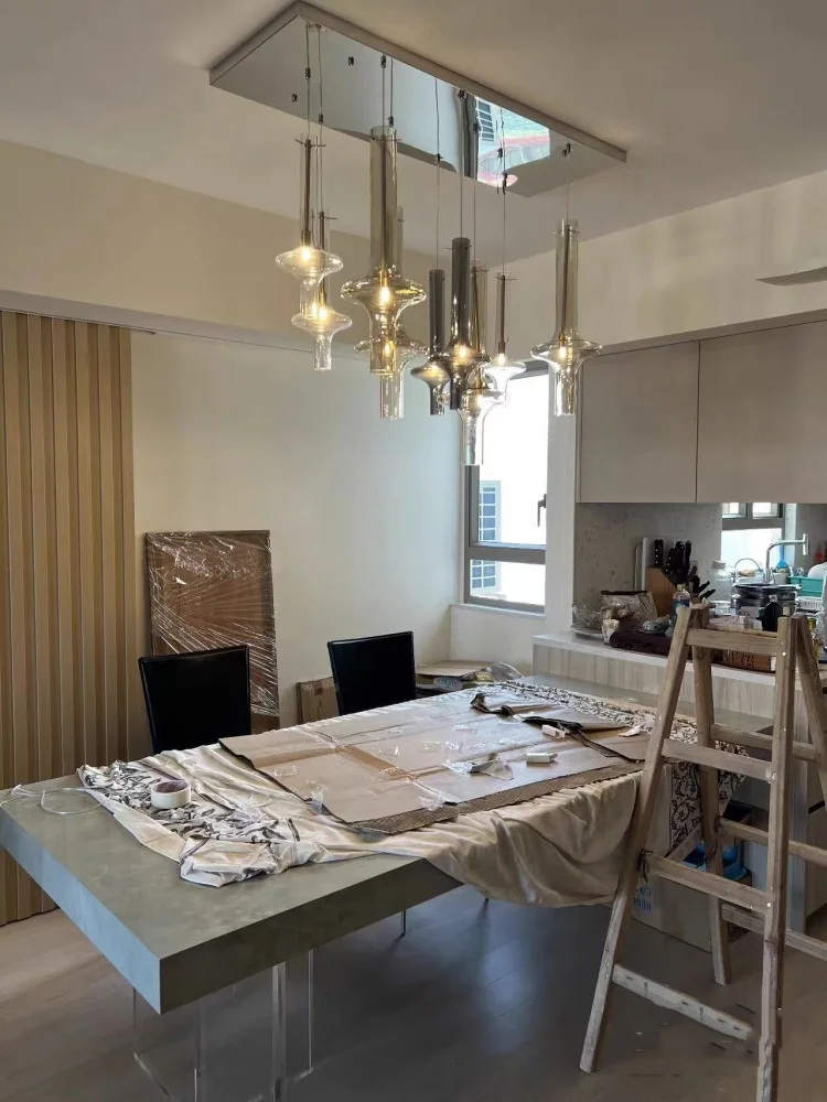 Smoke Ash Amber Glass Tube Pendant Light Dining Room Bedroom Bedside Kitchen Lamp LED Long Line Chandelier 4