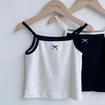 2-10Y Baby Girl Halter Top Canotta corta Gilet Estate per bambini Coreano Canottiera sottile Bambini Ricamo Arco Maglia Base Camicie 1